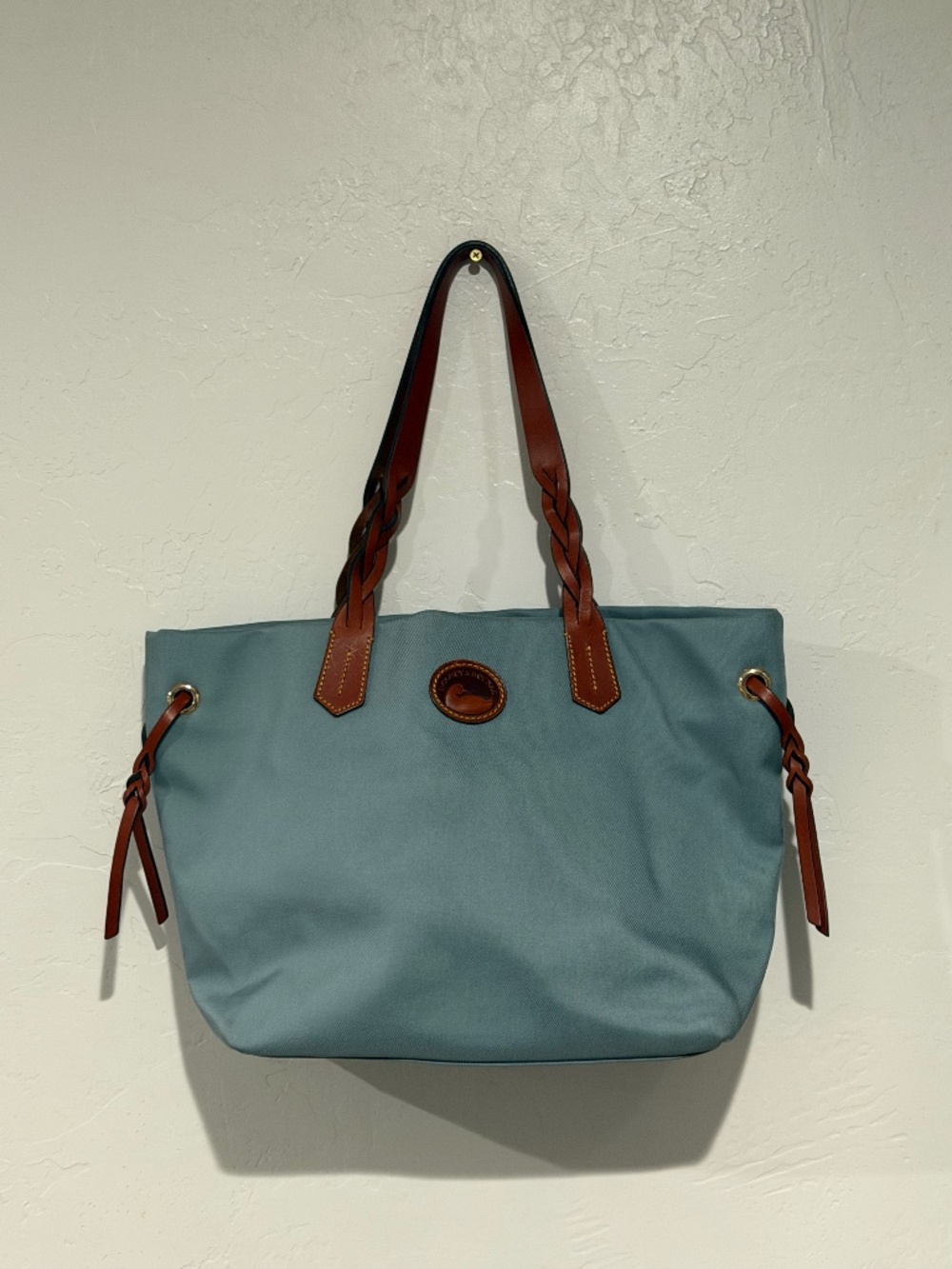 Dooney & Bourke Blue Nylon Tote Bag Braided Leather Straps Red Lining Large